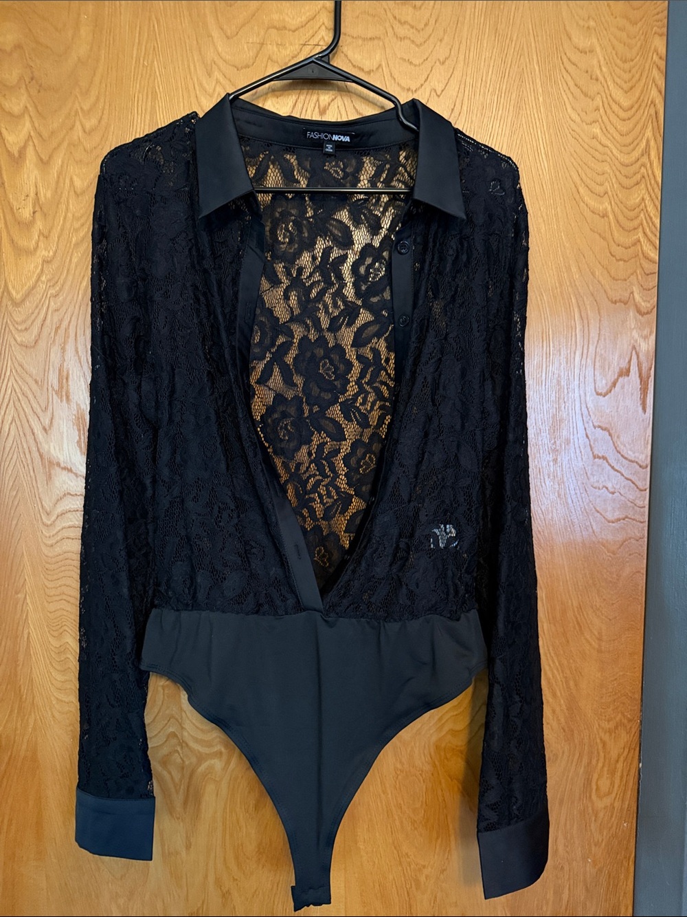 Fashion Nova Black Sheer Lace Long-Sleeve Bodysuit